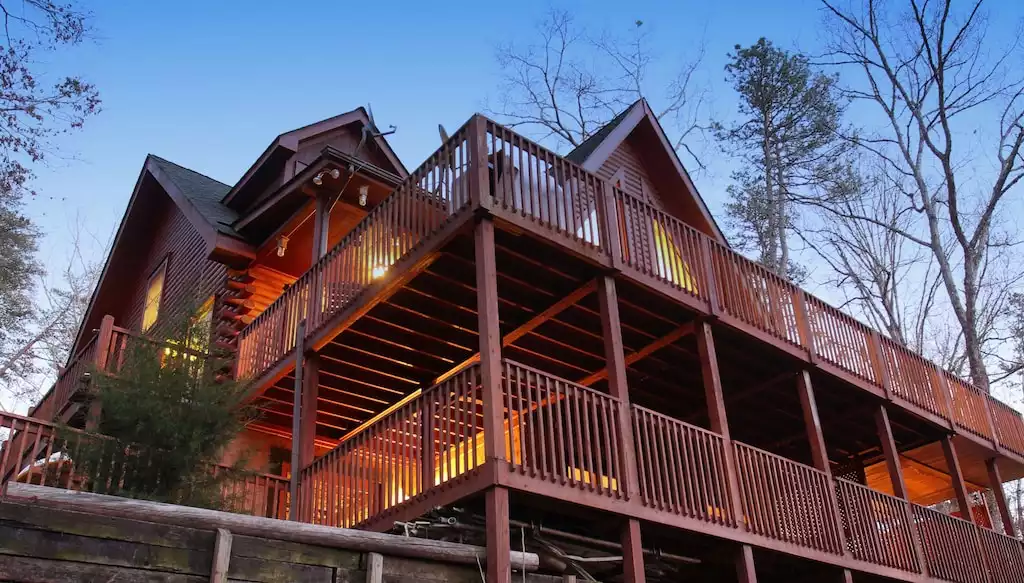 The rear of Laurelwood at dusk with its two huge twin decks - LAURELWOOD LODGE - The Mountains are Calling! - Lake Lure