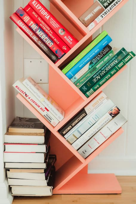 Fiction novels are in the shed and nonfiction are in the library. If you're interested in taking a book home, just let us know! 