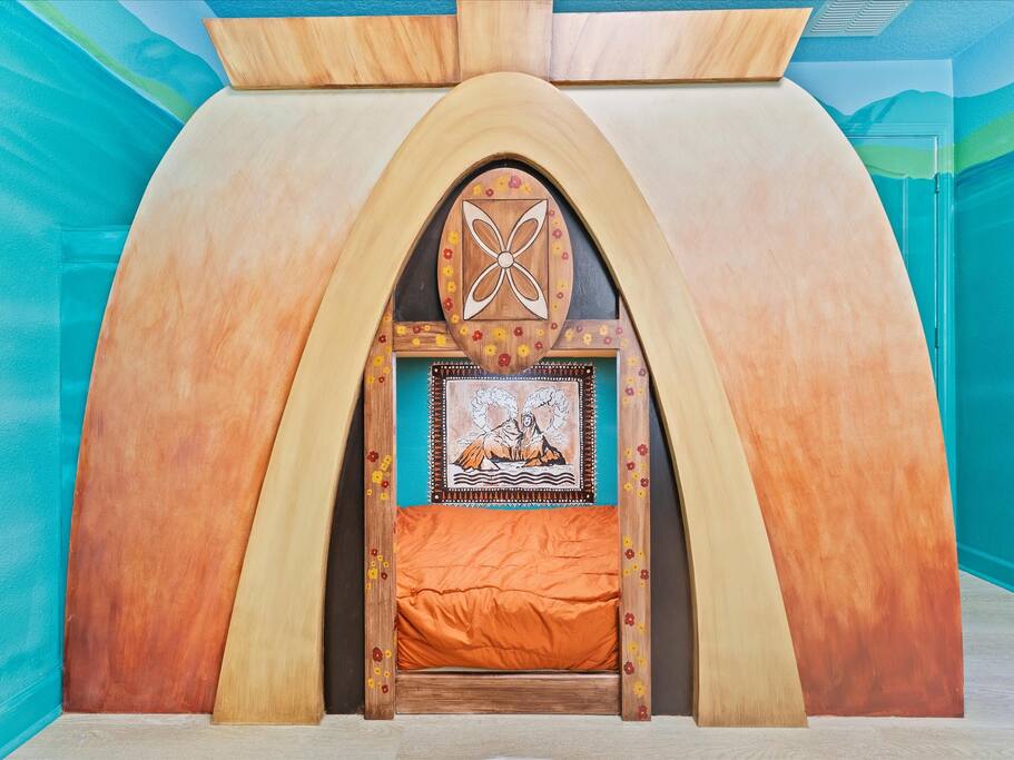 Climb in to our Motunui Bunk Bed with Custom Tapestry Mural from Pixar Short Film: Lava - Magical Portal House: Fully Disney Themed Villa - Davenport