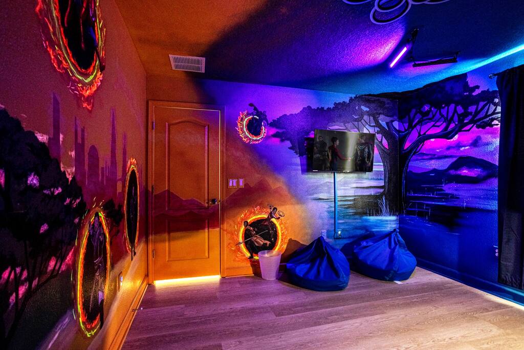 Kids will love defending Wakanda and its Ancestral Plane alongside Okoye, Nakia, and Thor in our Black Panther Bedroom | Immersive Murals | Custom Wakanda Mountain Bunk Bed |  43" Roku TV | Special Effects Lighting | Upstairs - Magical Portal House: Fully Disney Themed Villa - Davenport