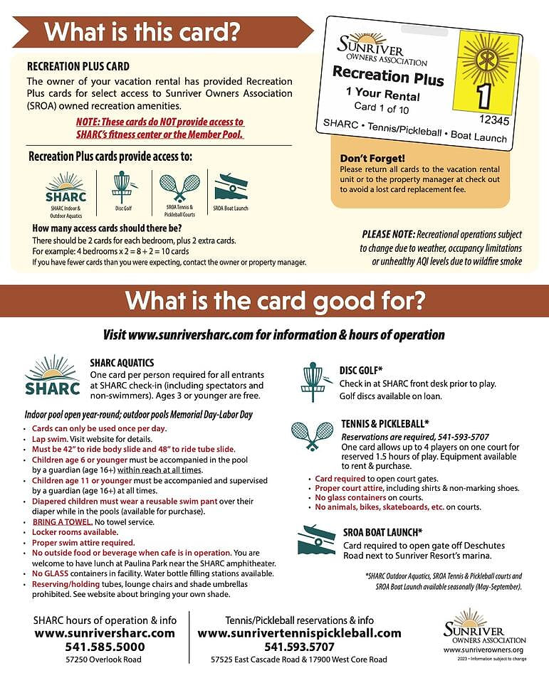 10 SHARC Cards included with your stay which includes many activities and huge savings!