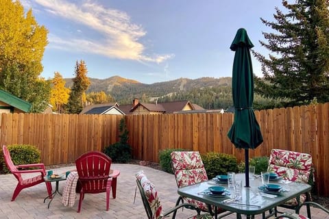 Fully fenced back patio with gas fire-pit and ski slope views of Bear Mountain.
