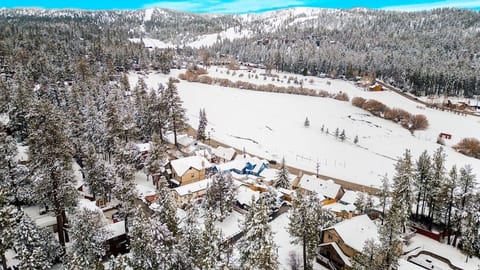 Arial view of chalet covered in snow