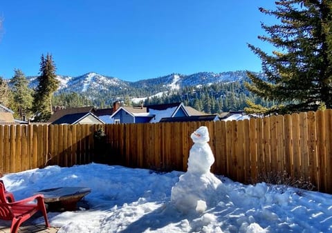 Fully fenced back patio with gas fire-pit and ski slope views of Bear Mountain.