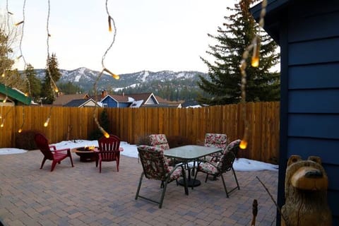 Fully fenced back patio with gas fire-pit and ski slope views of Bear Mountain.