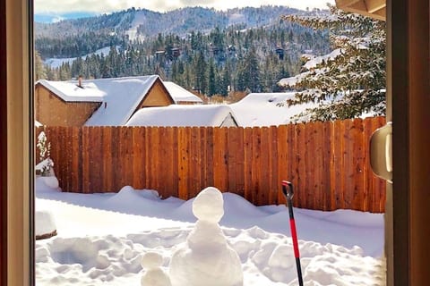 Fully fenced back patio with gas fire-pit and ski slope views of Bear Mountain.
