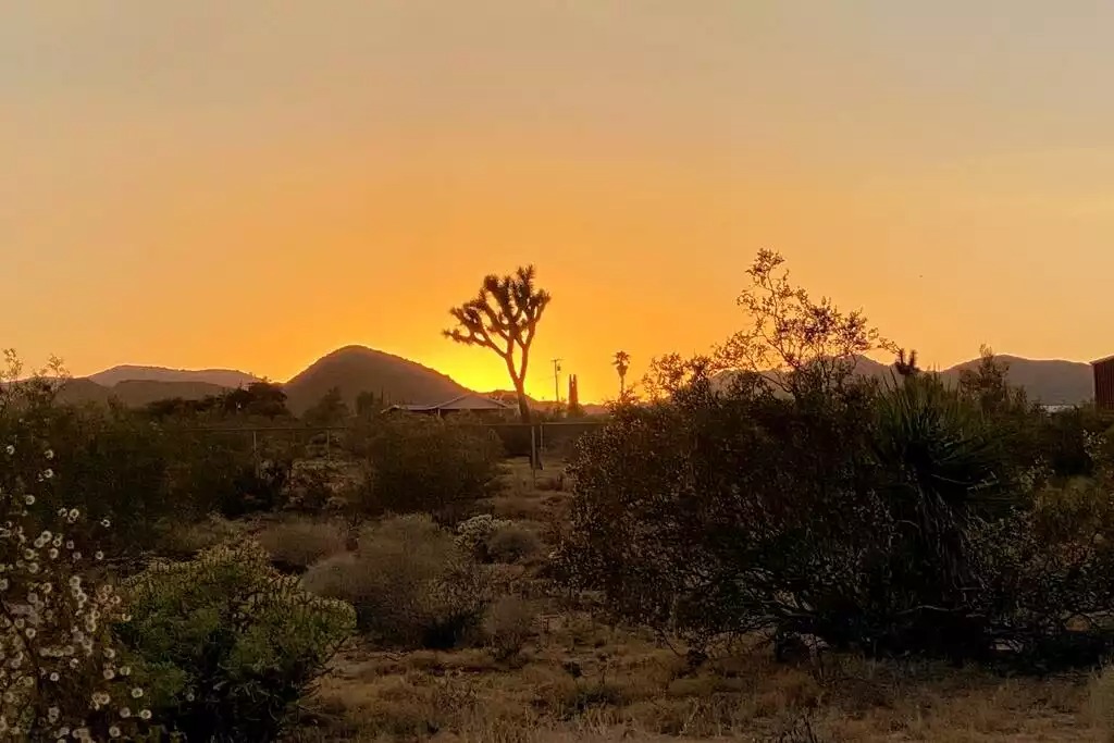 View back two acres of the property at sunset. View back two acres of the property at sunset. - The Filmmakers House - Joshua Tree