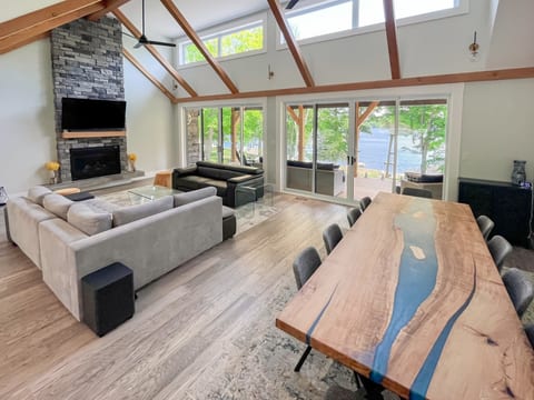 Living and dining with 10 foot custom Running River table