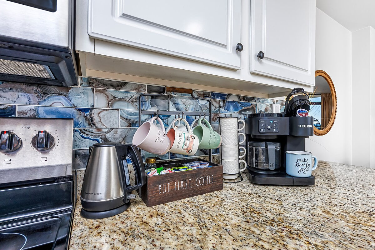 The French press or Keurig coffee maker allows you to make your favorite coffee. The electric kettle instantly heats your water so you can enjoy tea. Starter amenities such as coffee filters, k-cups, creamer, and sugar provided.