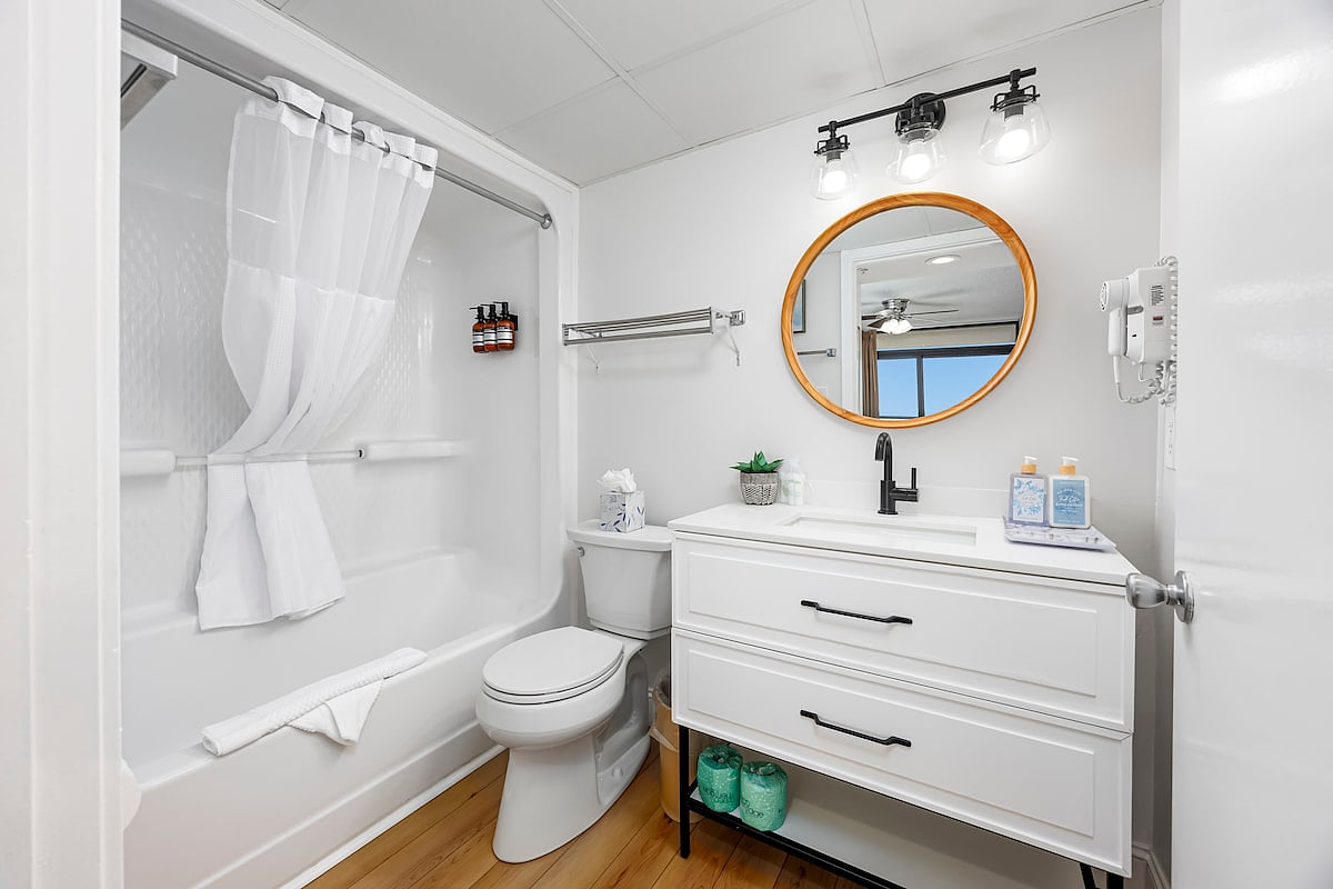 The newly updated full master bathroom features a new vanity & sink, stand-up shower, tub, new toilet, and an oversized mirror. 