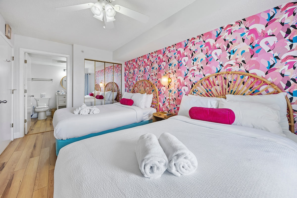 The Flamingo room offers an En suite bathroom and closet with beach gear.