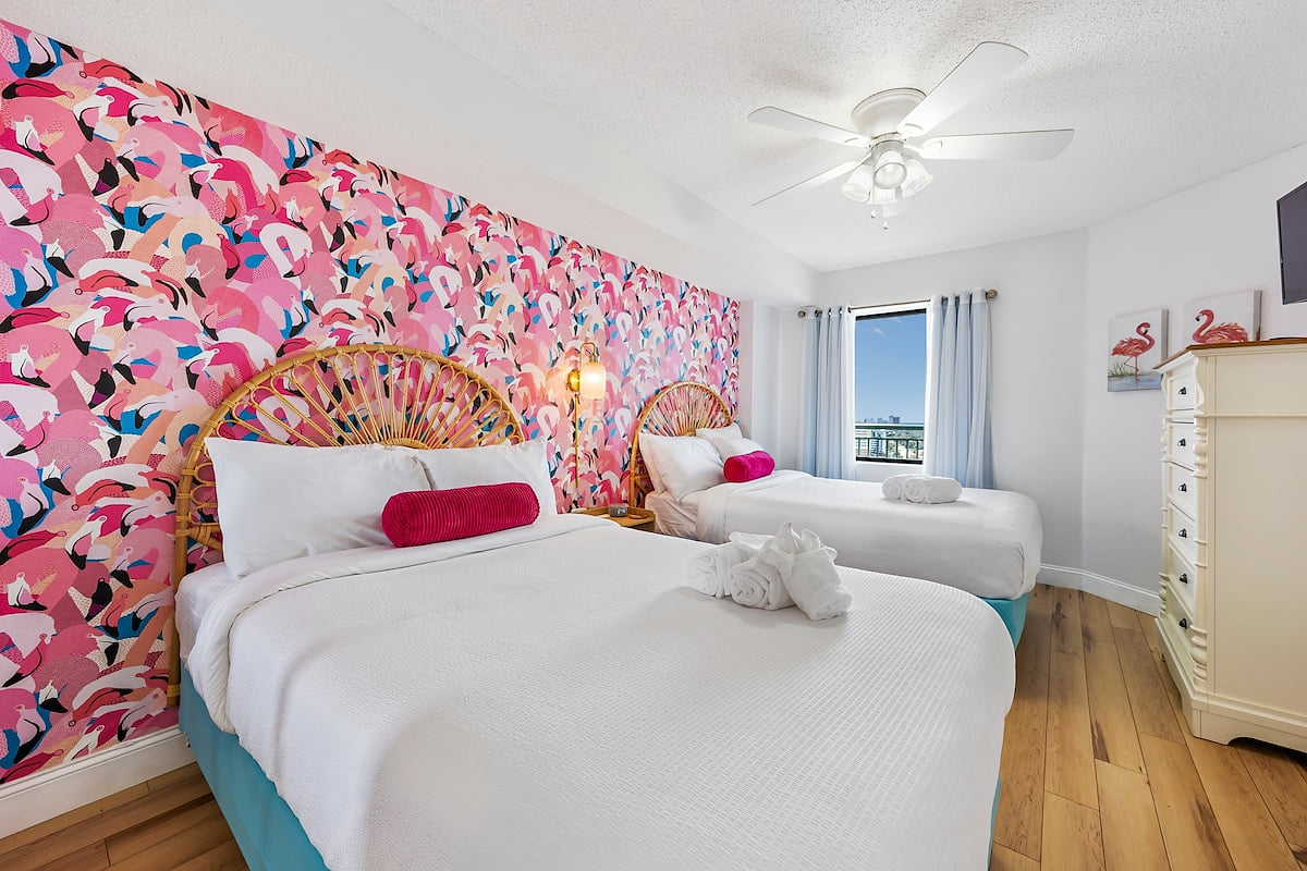 Flamingo Room offers 2 comfortable Full Beds, a smart TV and sound machine for a restful night’s sleep for your family or friends.