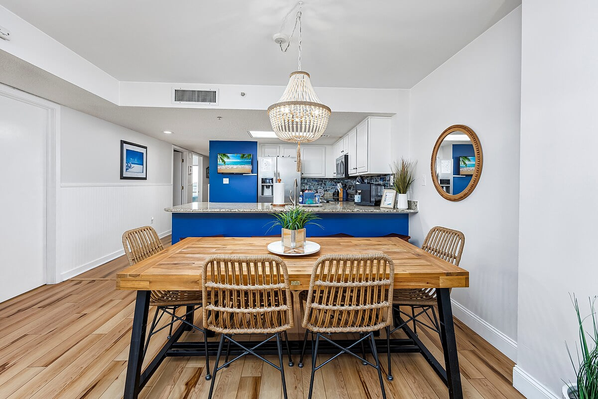 The dining area offers a large table ideal for playing board games with ample seating for all of our guests.