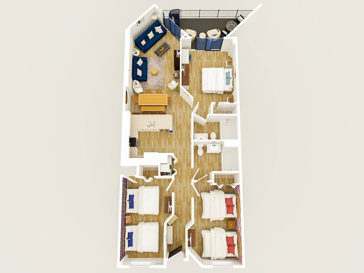 Floor plan: This 1200 sq/ft spacious 3 bedroom 2 bath condo with ocean views is just steps away from the beach located at the Sand Dunes Resort in Myrtle Beach, SC.