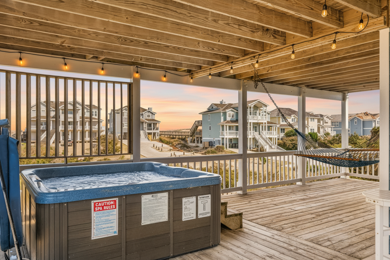 Unwind in a bubbly hot tub under twinkling lights, with salty breezes and the lull of the sea—your coastal nook of bliss!