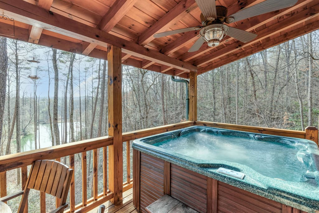 Lake View! Cozy Cabin w/ Hot Tub & Wood Fireplace!