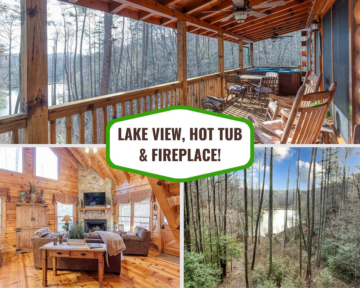 Classic log cabin with stylish furnishings and plenty of amenities overlooking a lake.