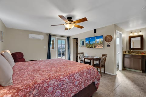 A brand new (Nov 2025) king-sized bed, ultra-quiet AC, and 50" smart TV with Netflix and Prime all combine to give you a perfect night's rest.