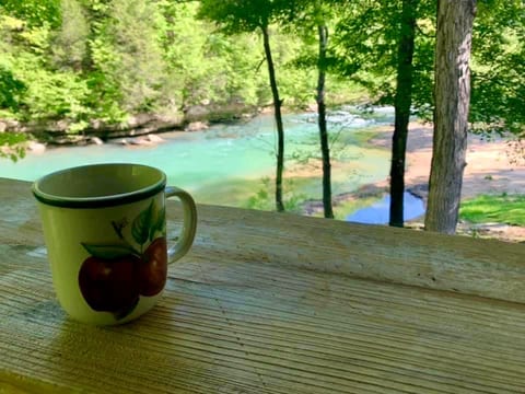Perfect way to start the day overlooking the river on the deck at Wolf River Retreat Rental