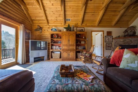 Large living room with large HD TV and couches