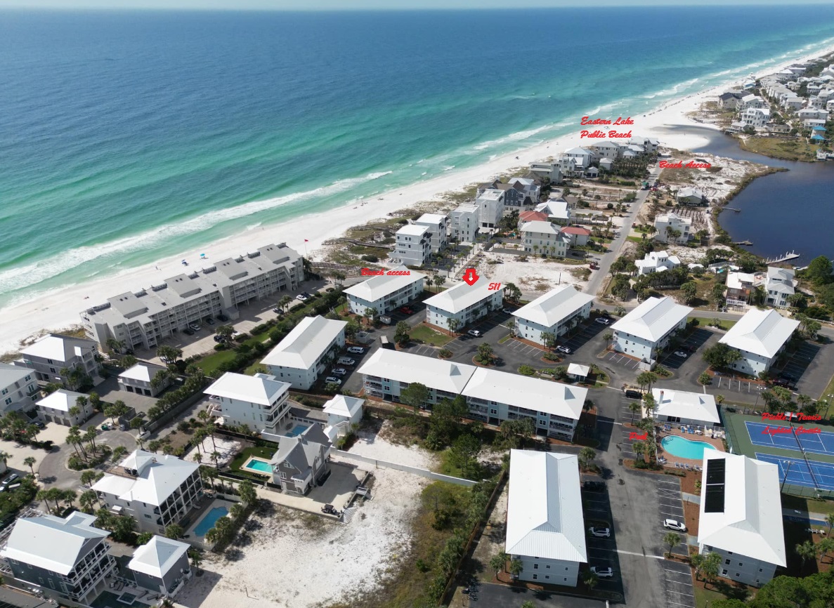 Pool, pickle/tennis ball courts, lake and public beach location for our complex. Relax and enjoy all amentias.