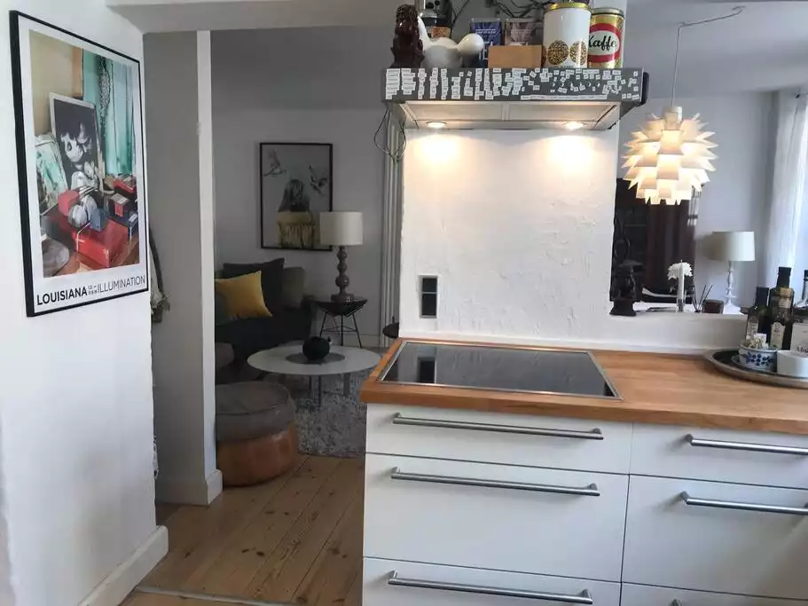 Kitchen with view to living area Kitchen with view to living area - Charming, cute, clean w balcony of Latin Quarter - Copenhagen