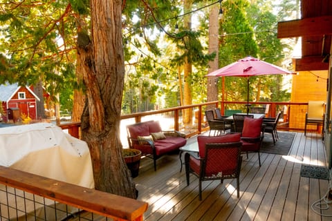 Front deck with propane BBQ and dining table