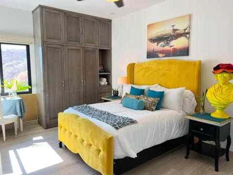 Funky yellow bedroom with Shakespeare bust, 55-inch flatscreen (we have Netflix & free YouTube so you can watch from your account) velvet upholstered Queen sized bed, large closet/storage space, books, games, desk, printer, A/C, & attached bathroom.