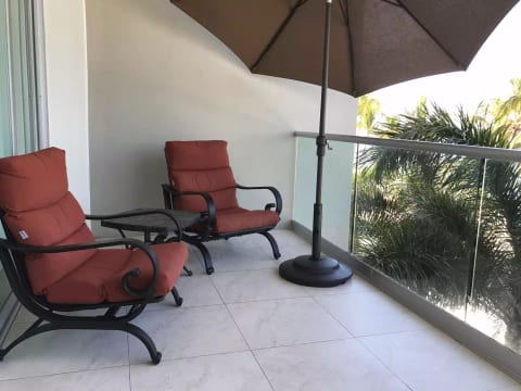 Comfortable chairs on deck for watching sunset