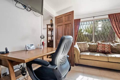 Desk, very comfortable chair, superfast internet, and work-in-bed laptop stand available for those who need to work from home.