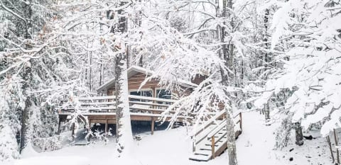 
Your very own snow-globe cabin! This adorable woodland hideaway looks straight out of a winter postcard, surrounded by trees dusted in sparkling snow.