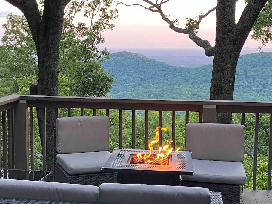 Propane fire pit on back deck overlooking the gorgeous view