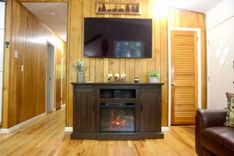 Living room fireplace for ambiance and/or supplemental heat. Bose bluetooth speaker, flatscreen TV.