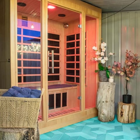 Our 3 person luxury far-infrared sauna in our garden shed gives you a feel of a little spa. Come and enjoy some rejuvenating and relaxing sauna session and jump afterwards in our outdoor bath.