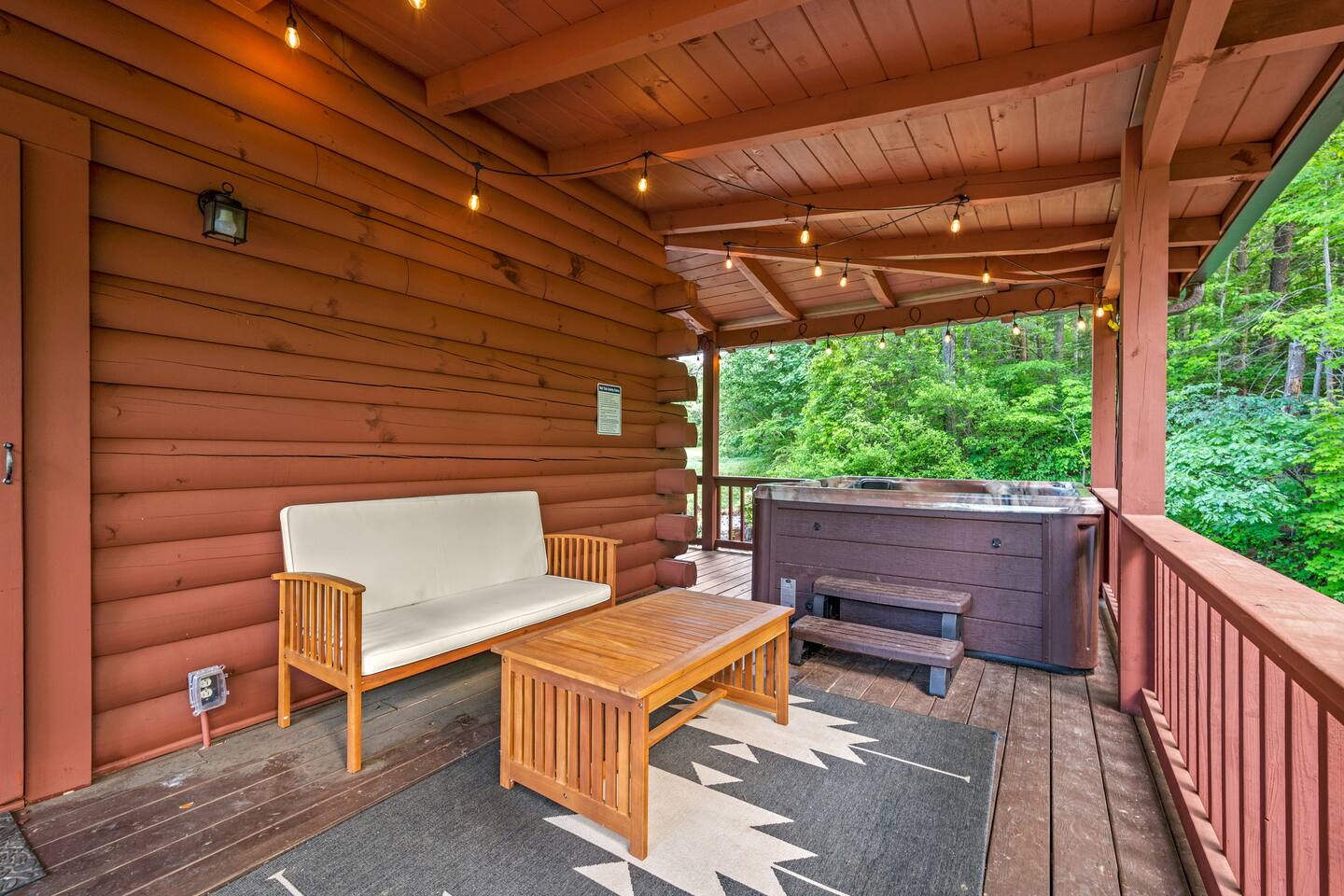 Soak in the hot tub at night after a busy, fun day. Listen to the water falling from the creek next to the cabin. Gaze at the stars in the dark night sky.