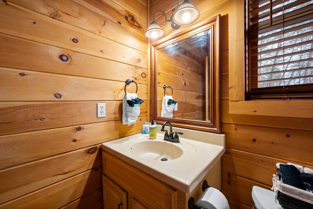 Spacious upstairs bathroom. We provide hand soap, and shower gels