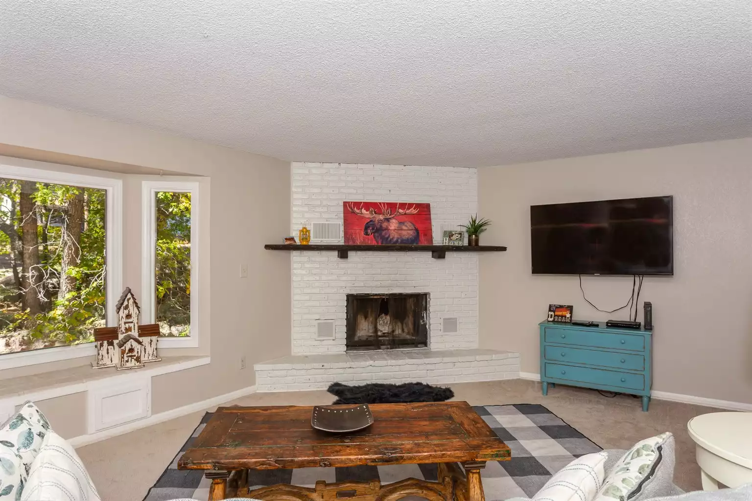 Living Room with Fireplace, Pull out Sleeper Sofa and Television Two Fireplaces, Treed Lot, Air Conditioning