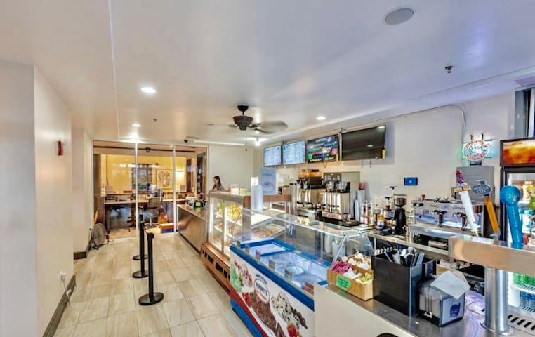 Coffee, ice cream, snacks, and drinks in main lobby behind concierge desk