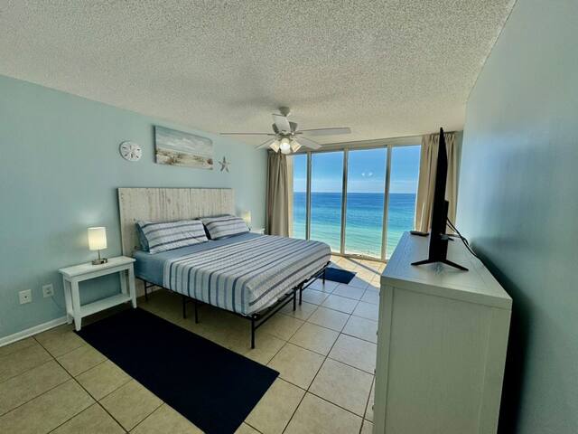 Wake up to incredible views from the king bedroom after a good night of sleep on the comfortable mattress