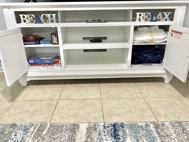 Games for those bad weather days and linens for the sleeper sofa