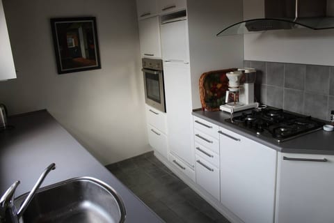 Veludstyret køkken med stort vindue rettet mod pladsen bag gågaden.