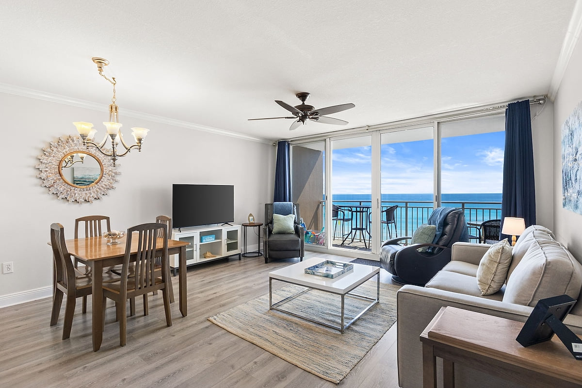 Modern Comfort meets Emerald Waves! Relax in the living area with a large Smart TV and a premium Queen sleeper sofa, all with a front-row seat to the Gulf.