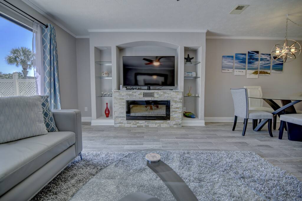 Fireplace, 60 inch TV 