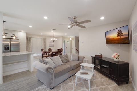 Kitchen, dining room and living room