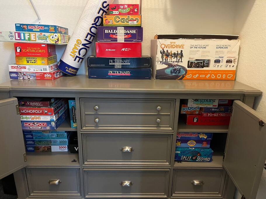 Board games located in giant bedroom 2 closet.  