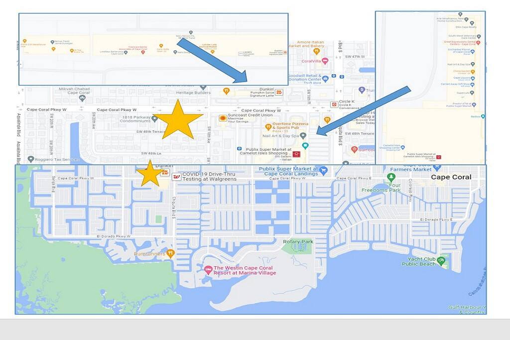 Map of the Area with local eateries, attractions and more.  Cape Harbor, Rum Runners, Tarpon Point, Boat House, Yacht Club, Lobster Lady, Ceno, and more.