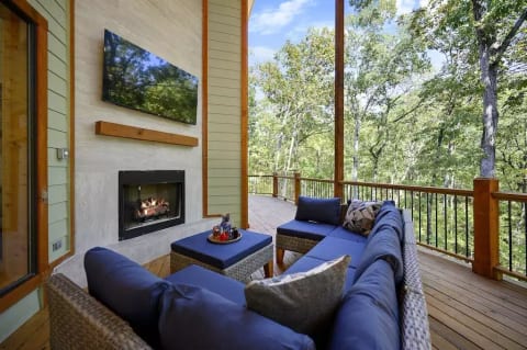 Warmup by the floor to ceiling gas fireplace, listening to music on Roku or the sound of nature 