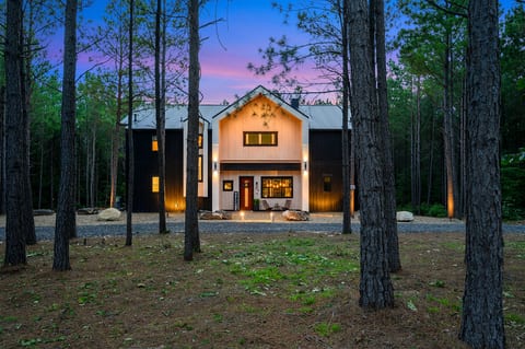 A stunning luxury cabin nestled in the towering lob lolly pine trees