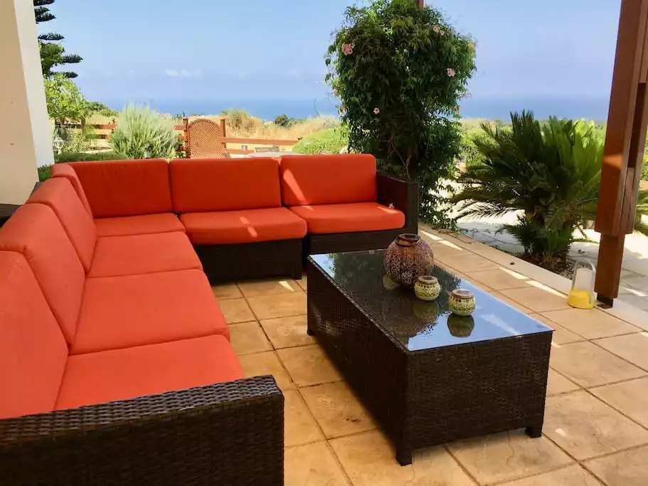 Panoramic view of the sea from the sectional sofa on the covered patio. - Stunning views in villa w/ hot tub, pool, garden - Kouklia