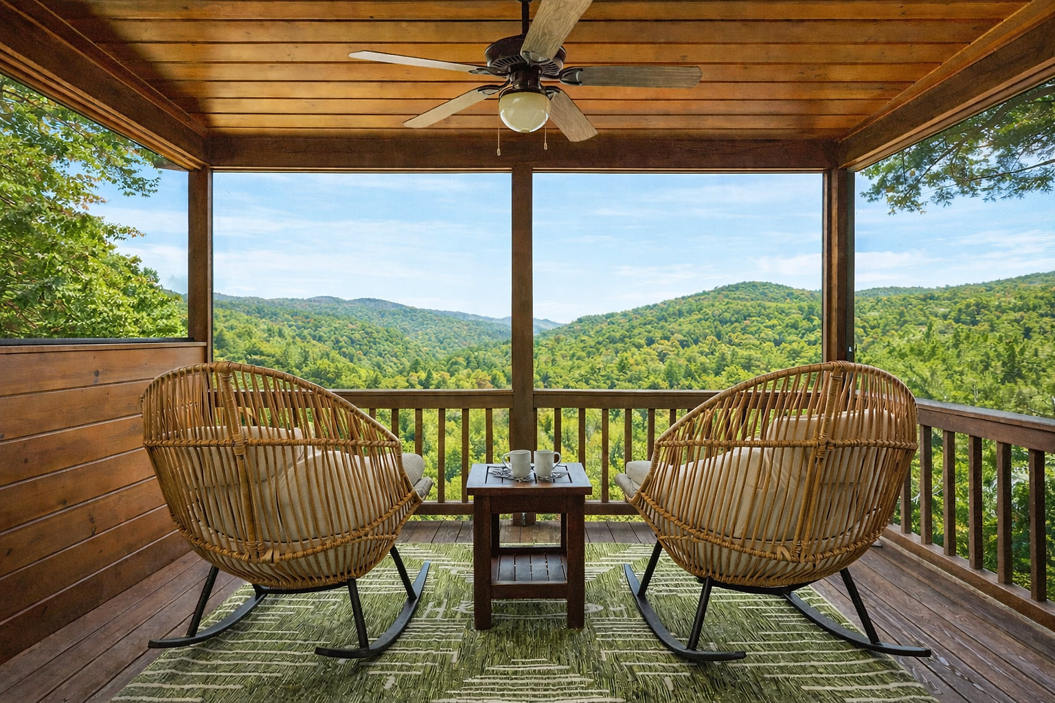 Discover serenity on our private screened-in porch, an exclusive haven off the master bedroom. Relax in rocking chairs as you soak in the majestic mountain vista and bright spring colors.